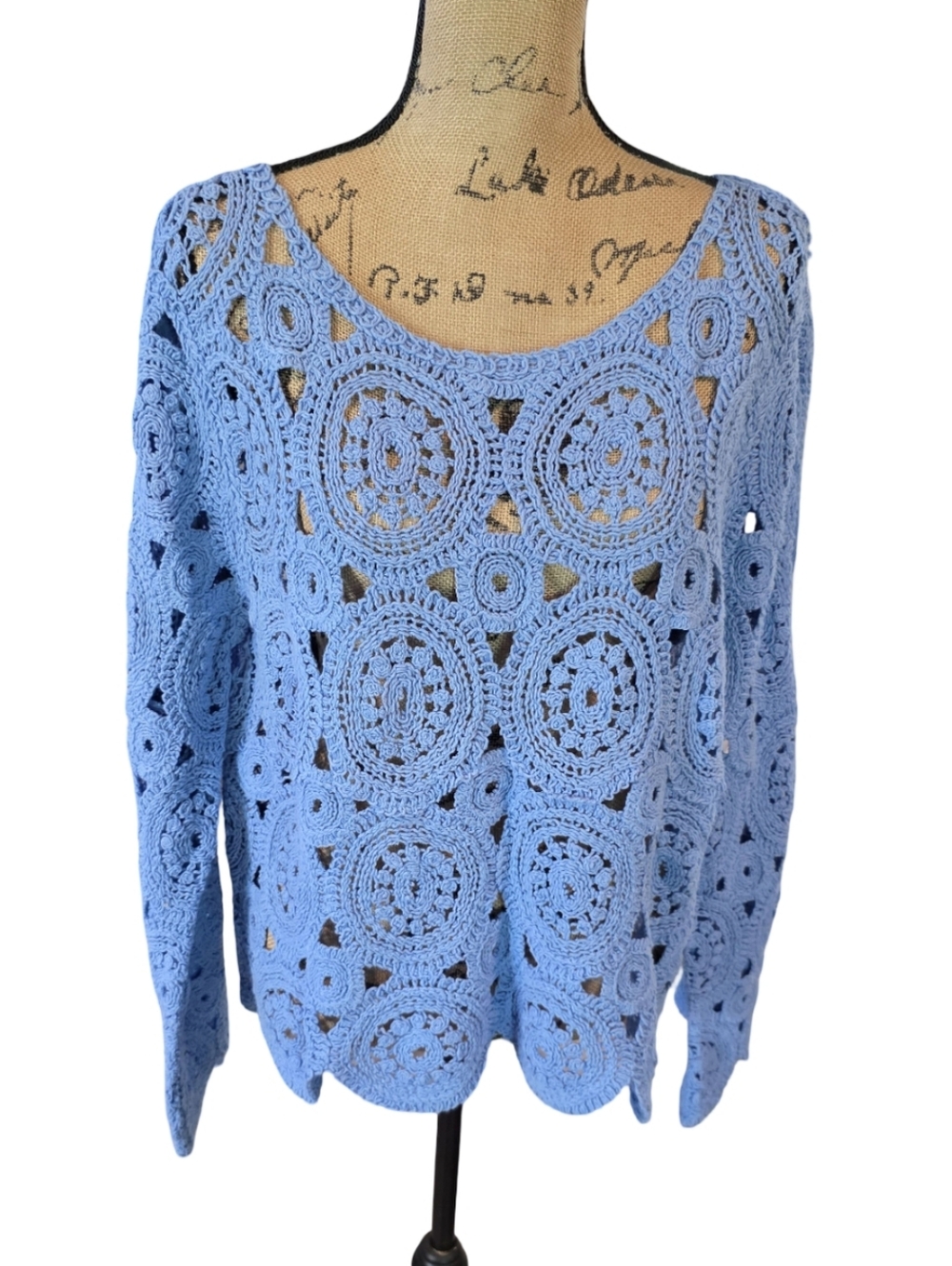 Ultra Pink Womens XL Crochet‎ Medallion Long Sleeve Sweater Blue 100% Cotton NWT